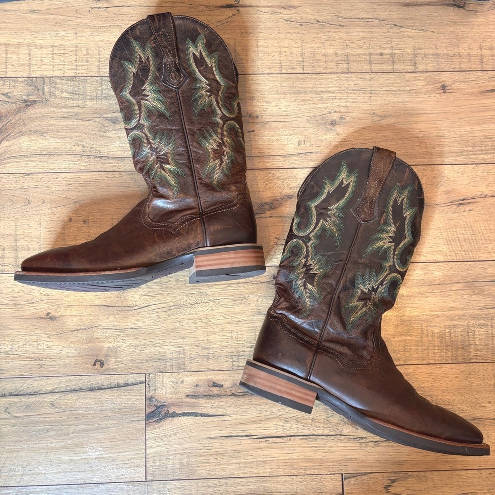 Ariat Tombstone Western Boot Brown Leather Green Stitching Square Toe Size 9.5 - Picture 7 of 11